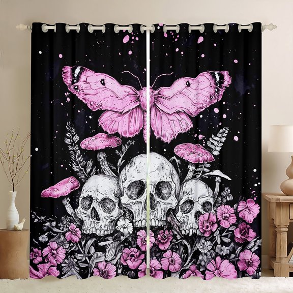 Homewish Gothic Skull Skeleton Blackout Curtains Set of 2 (52x84 Each),Happy Valentine'S Day Window Curtains,Pink Moth Flower Curtains and Drapes For Teens,Super Cozy Room Decor
