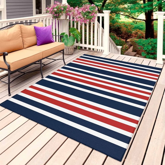 Navy Blue Red Striped Outdoor Rug for Patio/Deck/Porch, Non-Slip Large Area Rug 5 x 8 Ft, Modern Minimalist Ombre Lines Indoor Outdoor Rugs Washable Area Rugs, Reversible Camping Rug Carpet Runner