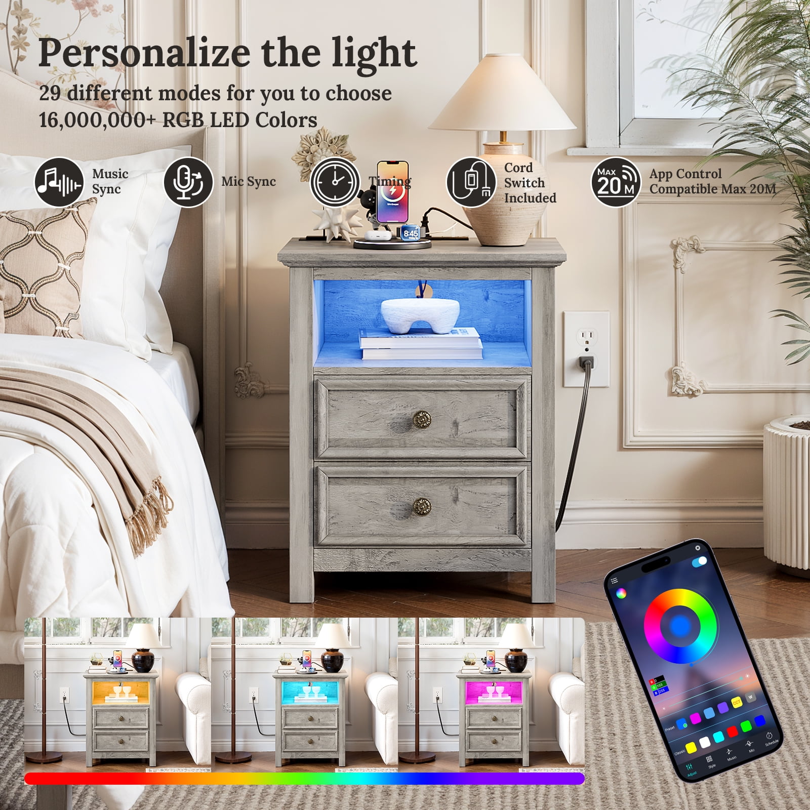 Holliwill 25" Tall Nightstand with Charging Station & LED Lights, Farmhouse Nightstands with 2 Drawers and Open Storage, End Table Bedside Table for Bedroom Living Room, Gray