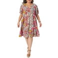 thumbnail image 2 of Agnes Orinda Women's Plus Size Sundress Floral Print V Neck Short Sleeve Flowy Boho Beach Vacation Summer Midi Dresses with Pocket 1X Pink, 2 of 3