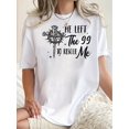 thumbnail image 1 of Camiseta de mujer verano Patrón de Corazón cuello redondoWomen's Casual Graphic Tee with "He Left the 90s to Rescue Me" Print - Short Sleeve, Round Neck, Stretchy Polyester Blend, Comfortable Summer, 1 of 6