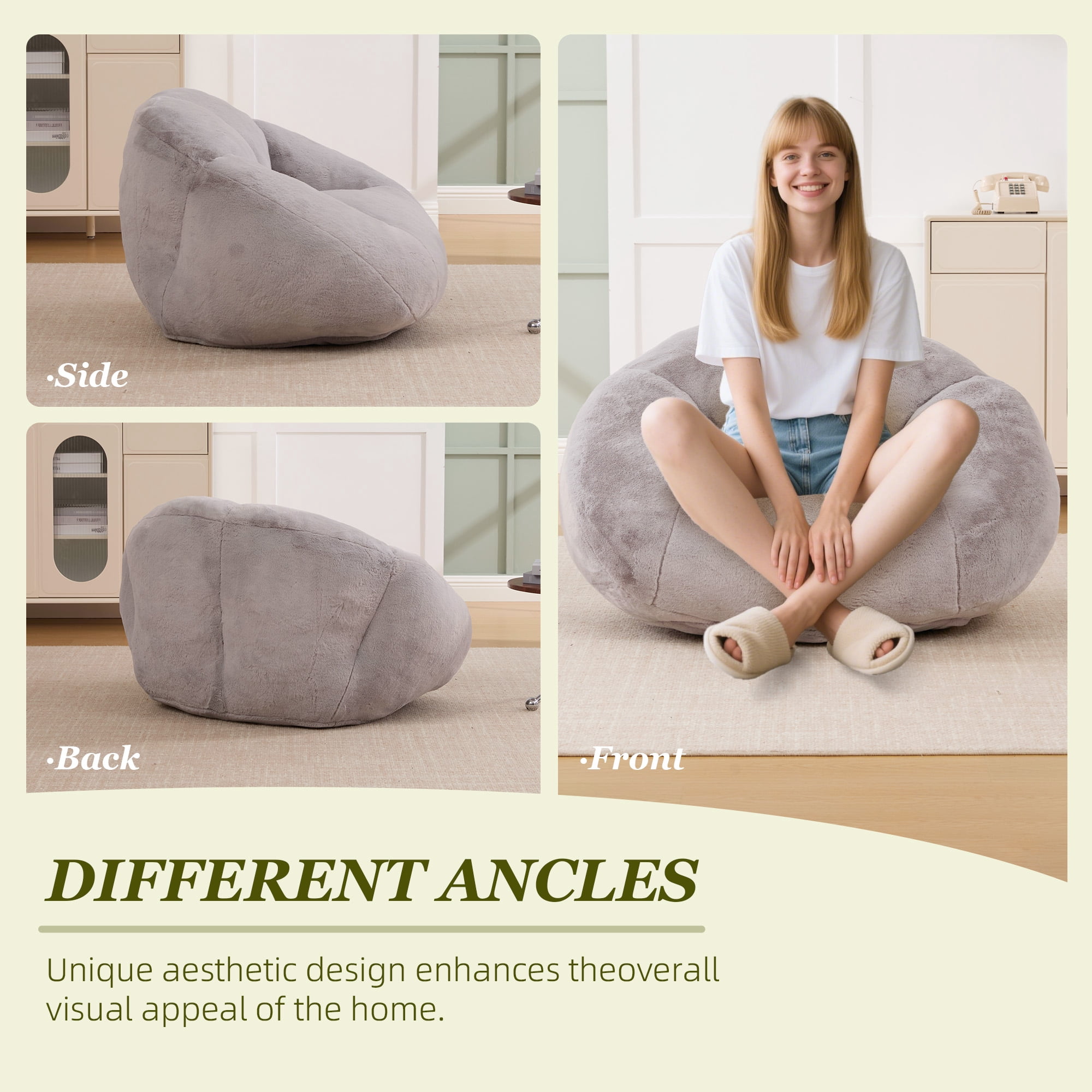 MOONMISS Bean Bag Chair for Adults & Teen,Floral Shaped Memory Foam Deep Sink-in Breathable Faux Fur Bean Bag Sofa,Easy to Clean for Living Room & Dorm,Light Gray