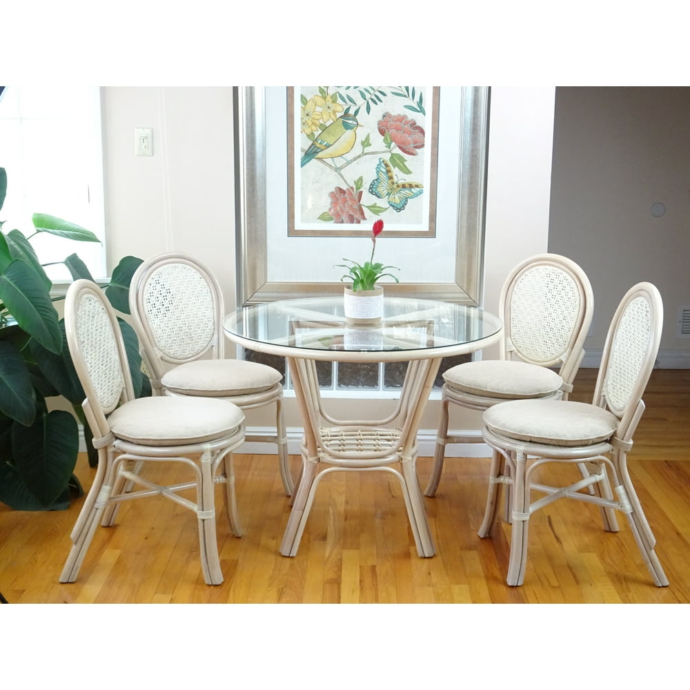 5-Pc Rattan Wicker Dining Set Round Table Glass Top and 4 Denver Side