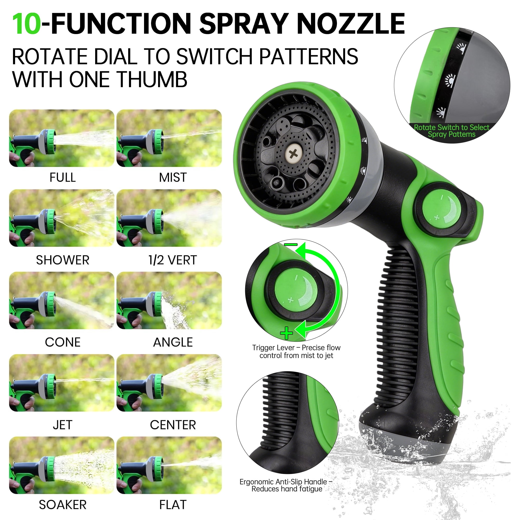 50FT Non-Expanding Heavy-Duty Garden Hose, Reinforced PVC & Polyester, 3/4-Inch Brass Connectors, Durable & Burst-Resistant, with 10-Function Nozzle