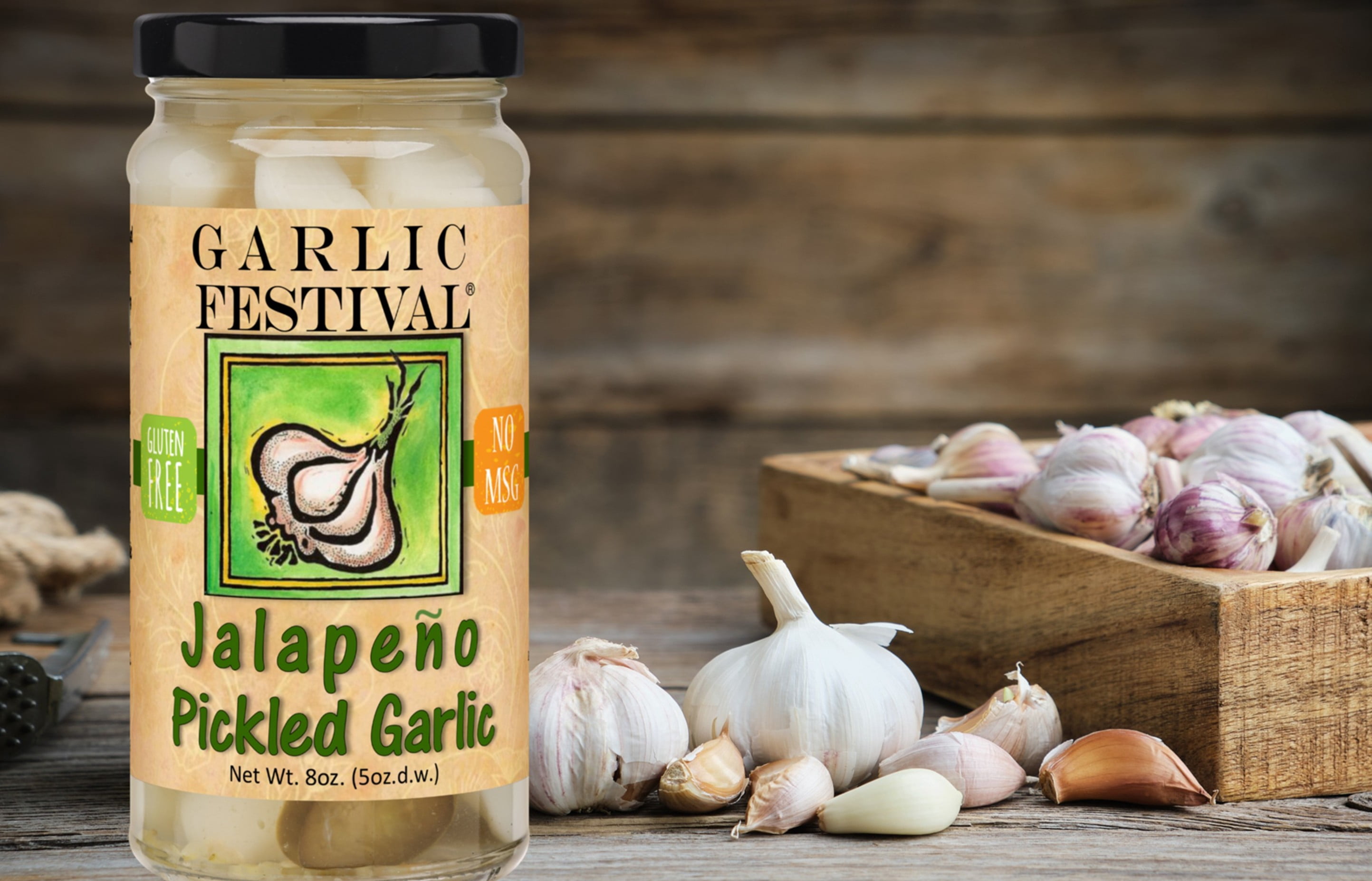 Garlic Festival Jalapeno Pickled Garlic Cloves in a Jar - Jalapeno Pickled Garlic - Fresh Garlic Cloves for Cooking - Freshly Made - Subtly Infused, Pre-Prepared Garlic - Net Wt. 32 oz.