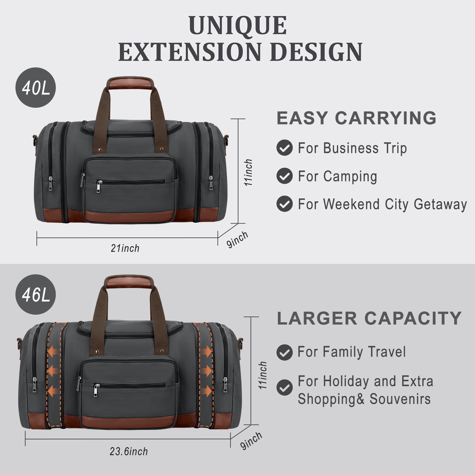Gynky Duffle Bag for Travel Bag 46L Large Expendable Duffle Bags for Men Weekender Bag with Trolly Sleeve for Business Trip Travel Camp Gym, Black