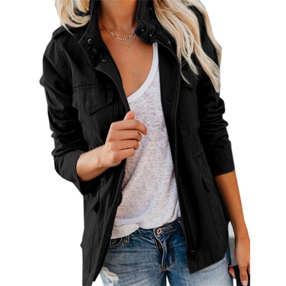 Long Sleeve Women Spring Fall Solid Color Zipper Coat Stand Collar Casual Military Anorak Jackets with Pocket