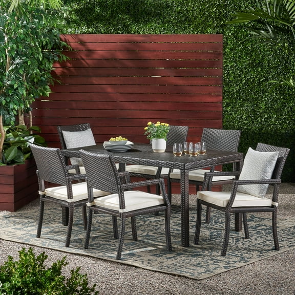 Outdoor 7-piece Wicker Rectangular Dining Set,Multibrown,White