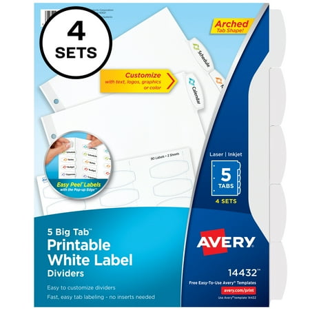 UPC: 0072782144326 | Avery Big Tab Printable Label Dividers  Easy Peel Labels  5 Tabs  4 Sets (14432)