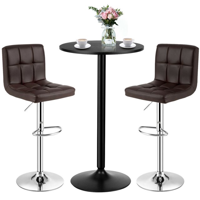 Gymax Ensemble de 3 Tables de Pub 24 Pieds' Table de Bar Ronde et 2 Tabourets de Bar Réglables Brun