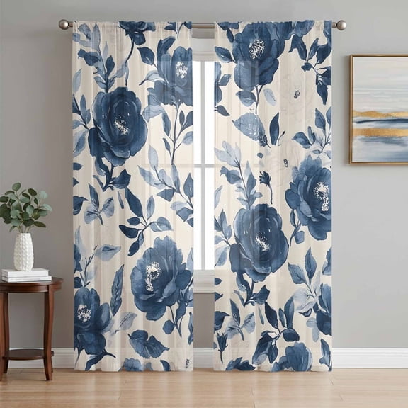Navy Blue Peony Sheer Curtains 72 Inch Length 2 Panels Set, Retro Floral Botanical Blossom Voile Window Treatment Rod Pocket Curtains Sheers Drapes for Bedroom/Living Room/Kitchen 52"x72"x2