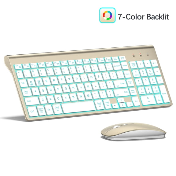 TopMate Wireless Backlit Keyboard and Mouse Ultra Slim Combo, 2.4G Silent Compact 2400DPI Mouse and Scissor Switch Keyboard Light up Set, for PC/Laptop/Windows/Mac/Gaming - Gold White