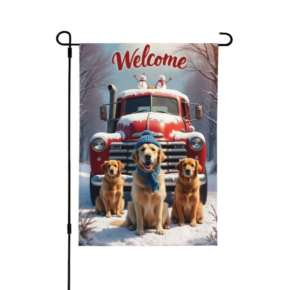 Winter Welcome Garden Flag 12x18 Inch Double Sided Golden Retriever Snow Truck Holiday Yard Flag Outdoor Decor
