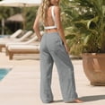 thumbnail image 3 of Linen Pants for Women Drawstring Waist Flowy Lounge Pant Wide Leg Dressy Palazzo Trousers with Pockets Gray XL, 3 of 6