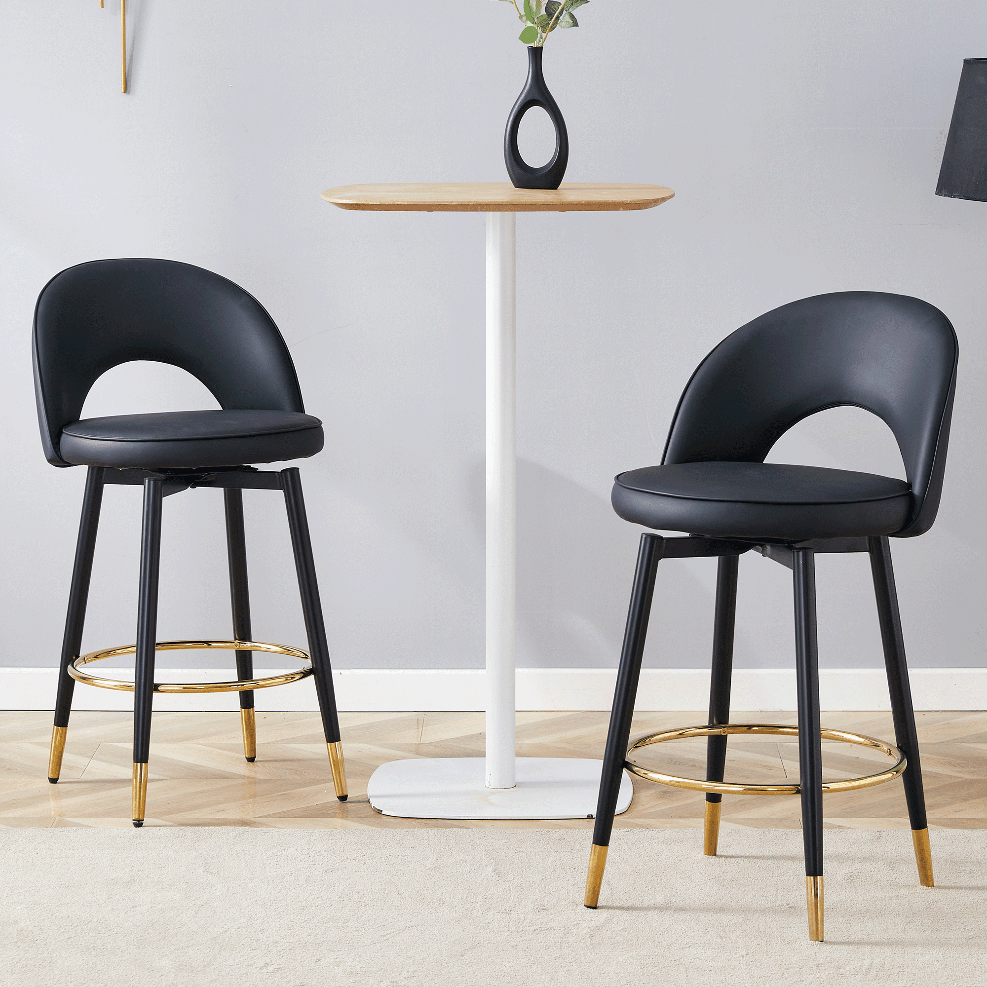 Noble House 360° Rotatable PU Bar Stool Set of 2,Comfortable Cushioned Seat,Black