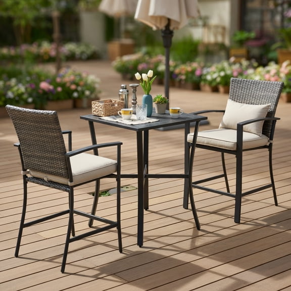 Topcobe 3 Pieces Patio Rattan Bar Furniture Set with Slat Table and 2 Cushioned Stools, Outdoor Patio Furniture for Balcony Garden Backyard -Gray