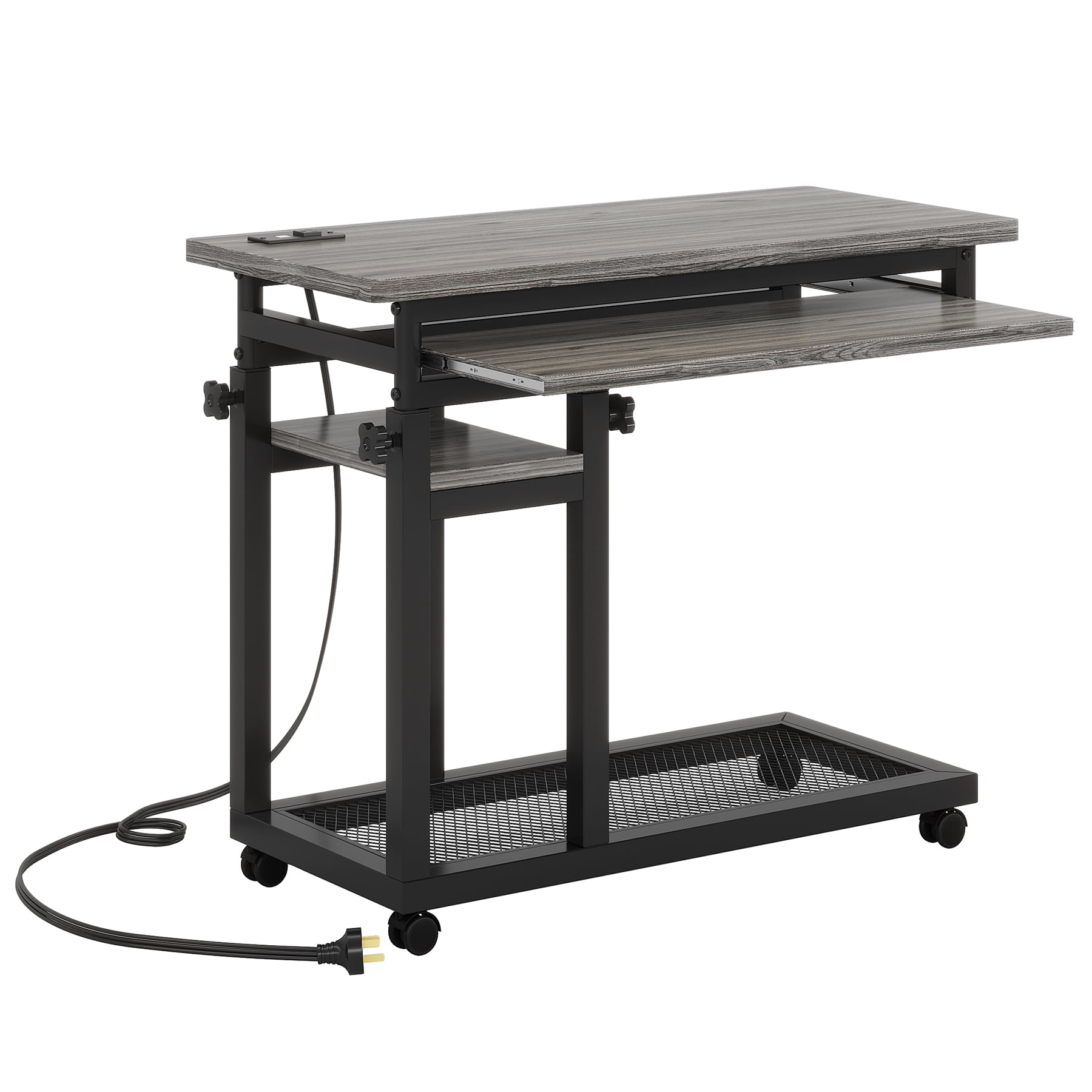 Fnova Small Portable Desk with Charging Station, Height Adjustable Mobile Desk with 4 Wheels, USB Ports & Power Outlet, Rolling Computer Cart, C Side Table for Sofa Couch Bedside, Gray