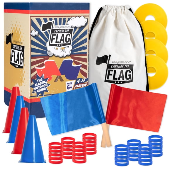 Play Platoon Capture The Flag, The Traditional Original 20 Player Set with Real Wood Handle Flags - Outdoor Yard Game for Family, Kids and