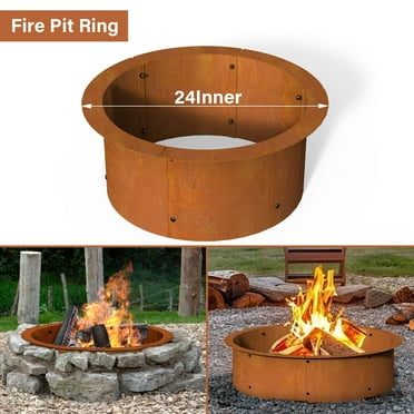 24" Round Fire Pit Ring Insert Wood Burning Fire Pit Liner with Collar Support Outside DIY Campfire Ring Heavy Duty Solid Metal Steel for Patio Backyard Firepit Rim Above or In-Ground, Rusty