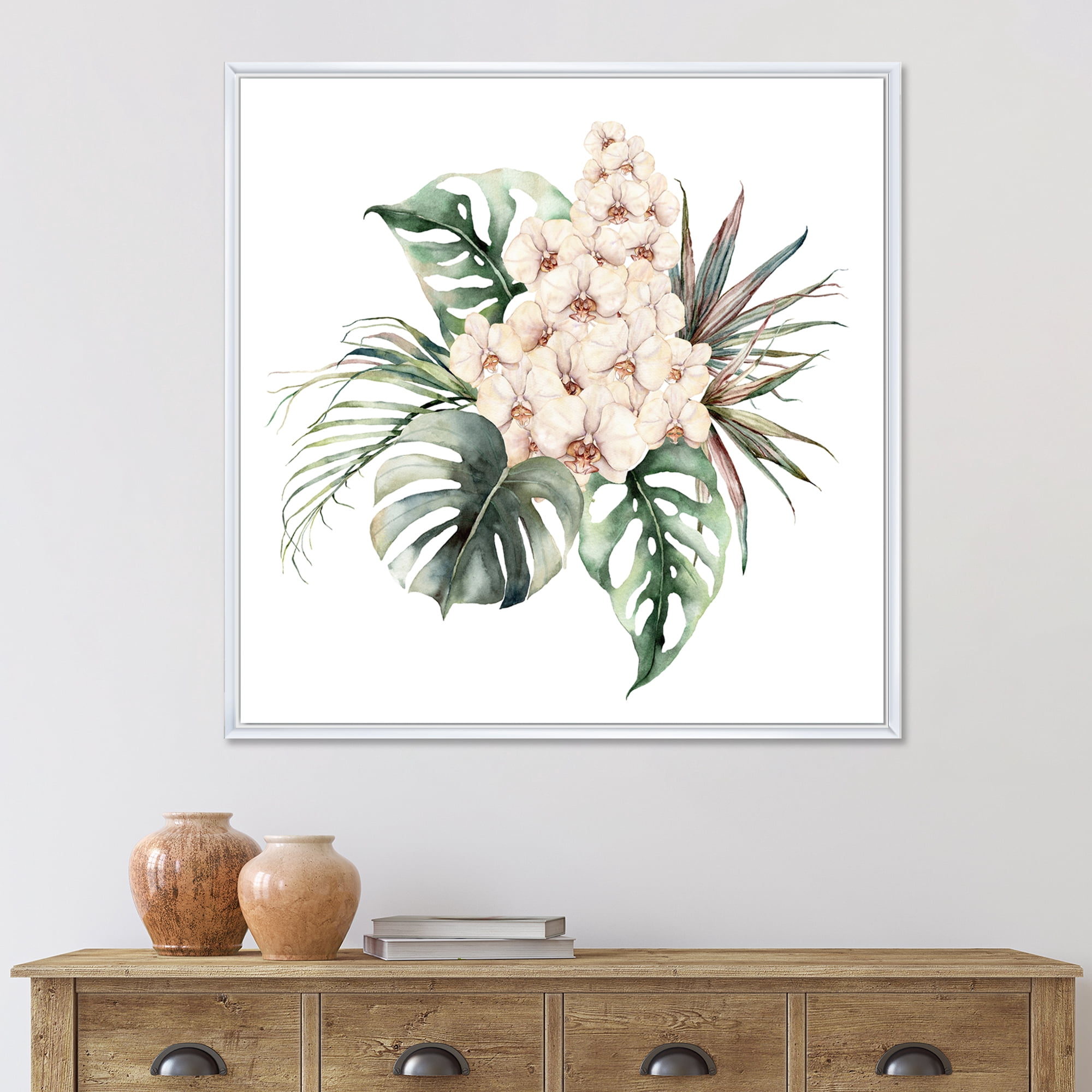 Designart 'Bouquet With Orchids Coconut Leaves and Monstera ' Traditional Framed Canvas Wall Art Print
