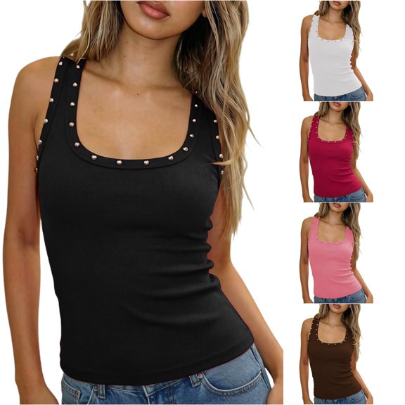 XIAOCHA Women's Rhinestone Tank Top Sleeveless Slim Fit Going Out Casual Crop Tops