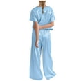thumbnail image 4 of Diufon Girls Pajama Sets Casual Short Sleeve Crewneck Tops and Elastic Wide Leg Pants Stain Homewear Set, 4 of 7