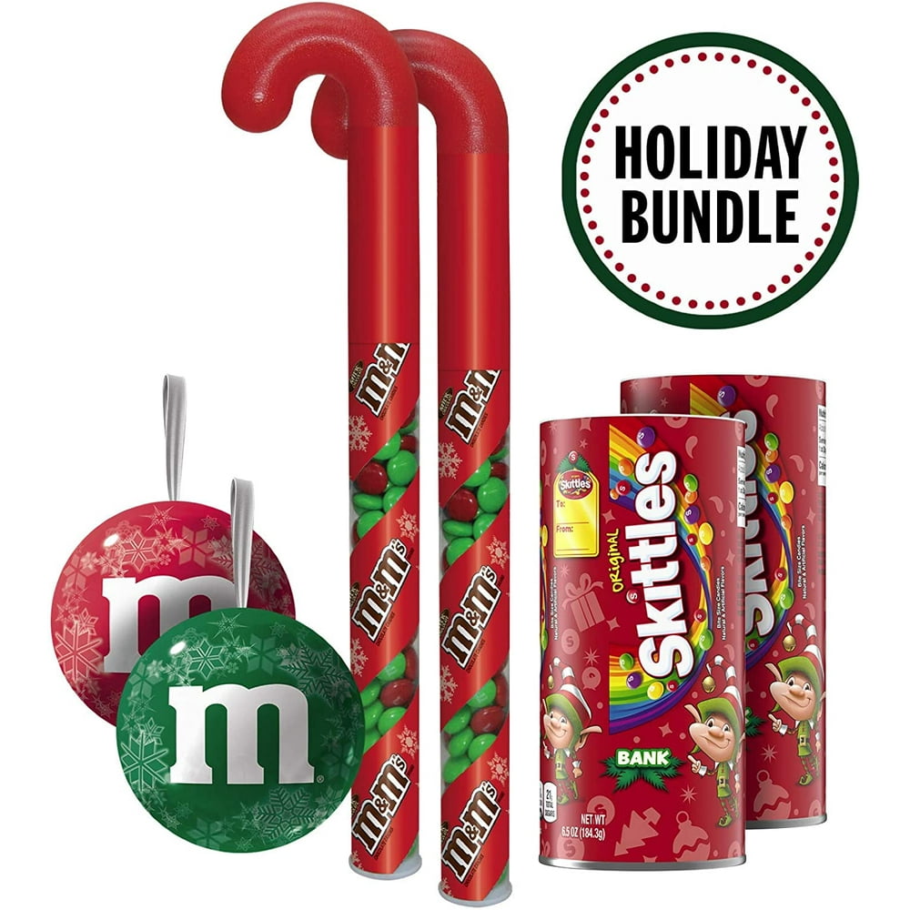 Holiday Christmas Bundle M&Ms Cane, Skittles Bank, M&Ms Ornament Mixed