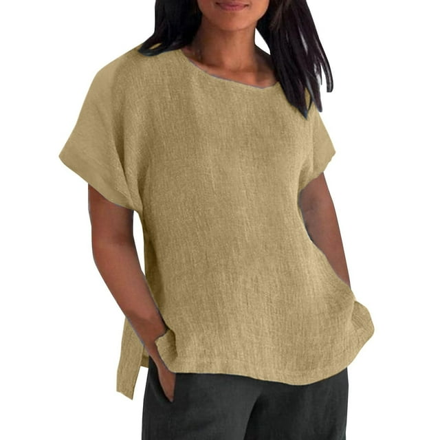 Yuyuzo Chemises en Coton et Lin pour Femmes Manches Courtes Haut Habillé Col Rond T-Shirts Amples Tuniques d'Été