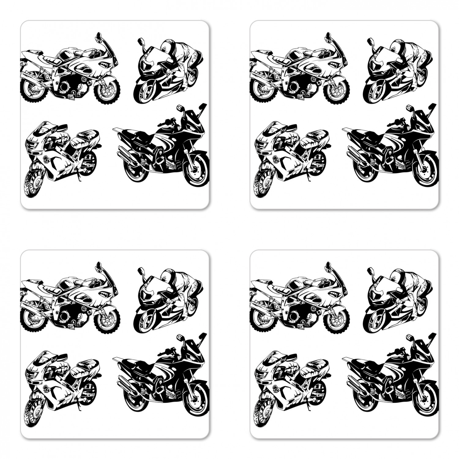 Motorcycle Vector Coaster Motorcycle Coaster Set of 4, Cartoon Motorbike Speed Race Sport Hobby ...