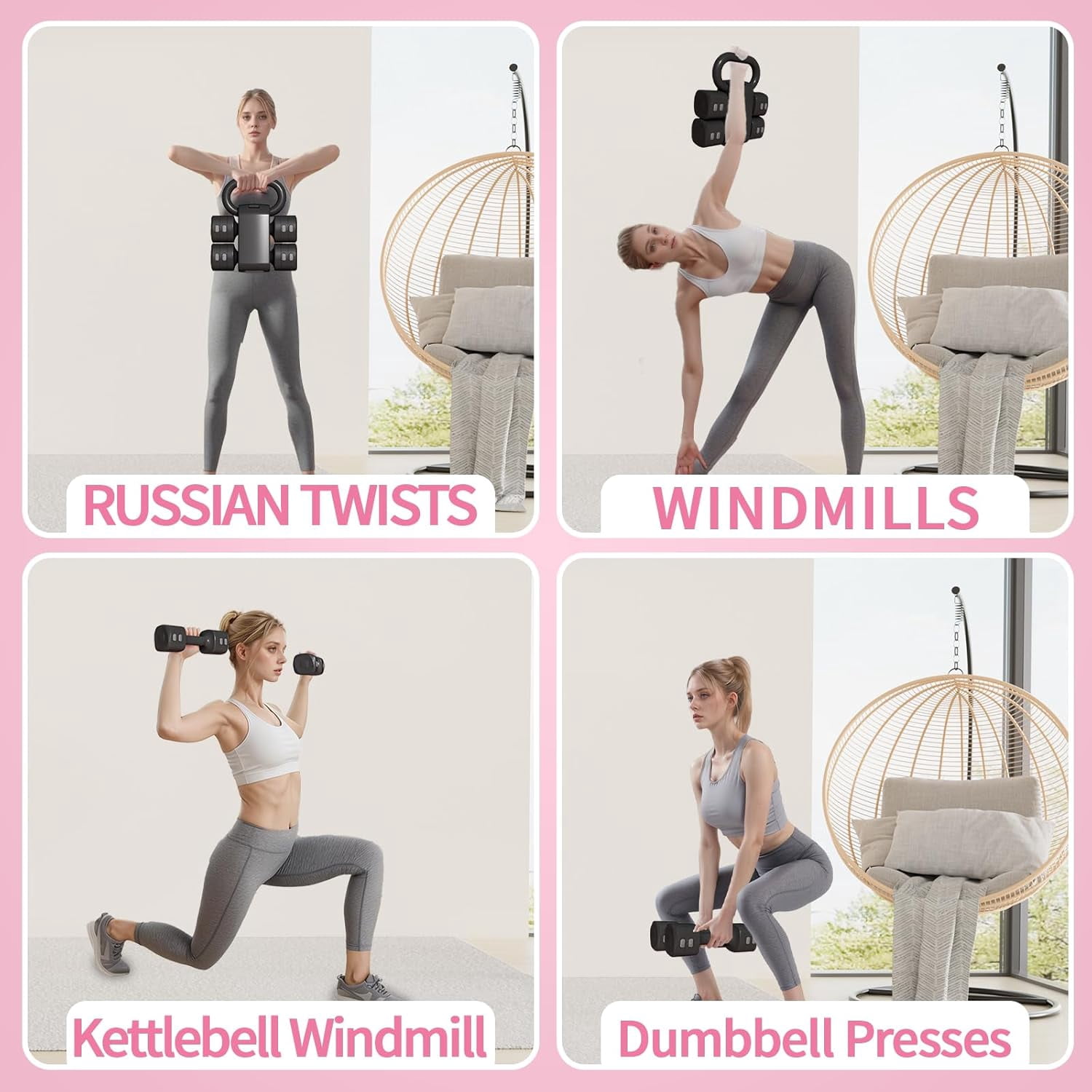 4-in-1 Adjustable Kettlebell and Dumbbell Set, Convertible Free Weights for Home Gym Fitness Training, Space-Saving Hand Weights for Women and Men, Black