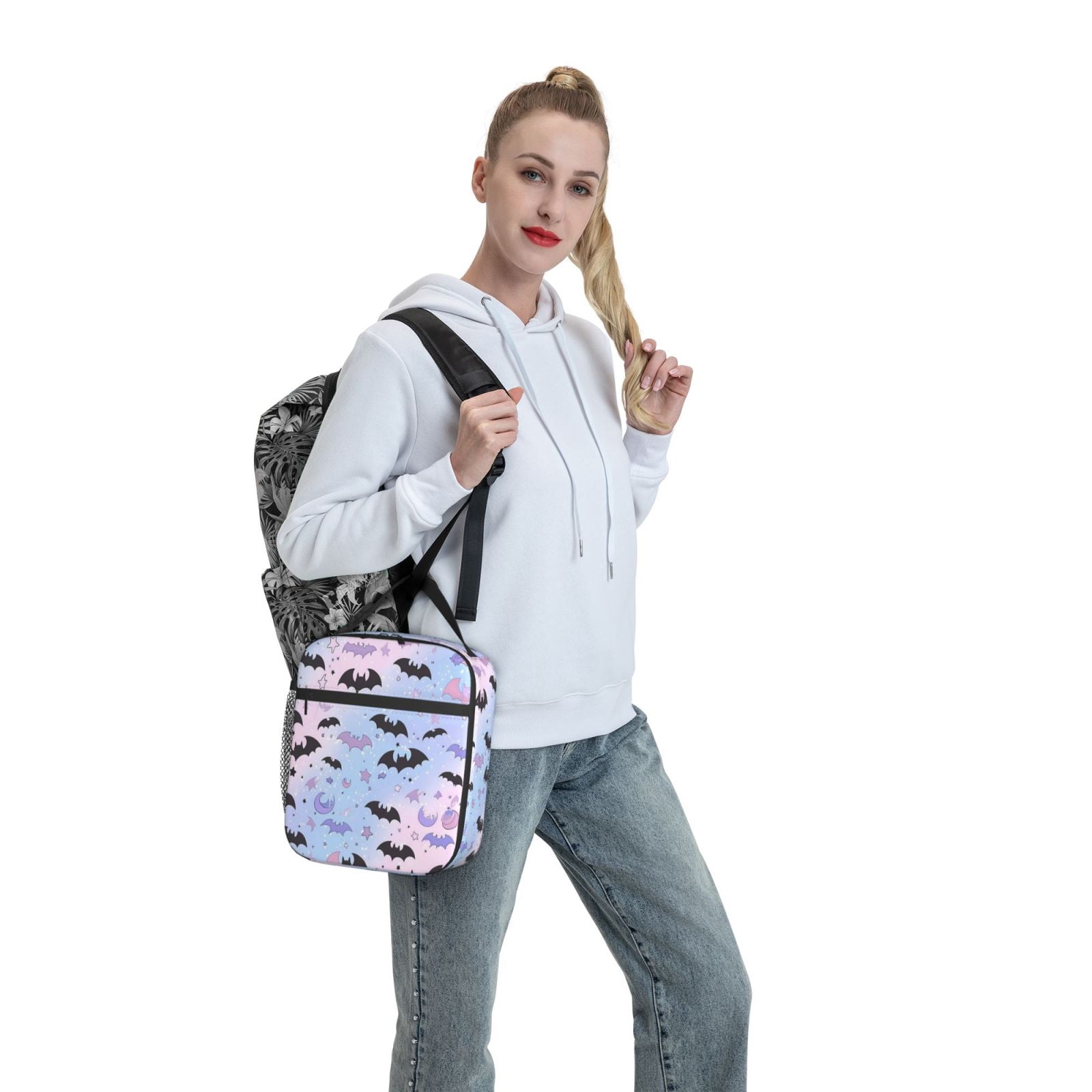 Lunch Bag For Women Men Insulated Portable Lunch Box Bento Box Office Picnic Travel Cooler Bag The Black And Purple Flying Bats In The Sky