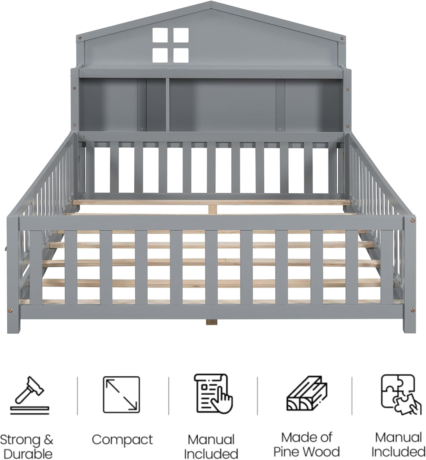 Mirightone Full Montessori Floor Bed with Storage Headboards and Guard rails, Montessori Bed Frame with Blackboards for Kids Teens, Gray