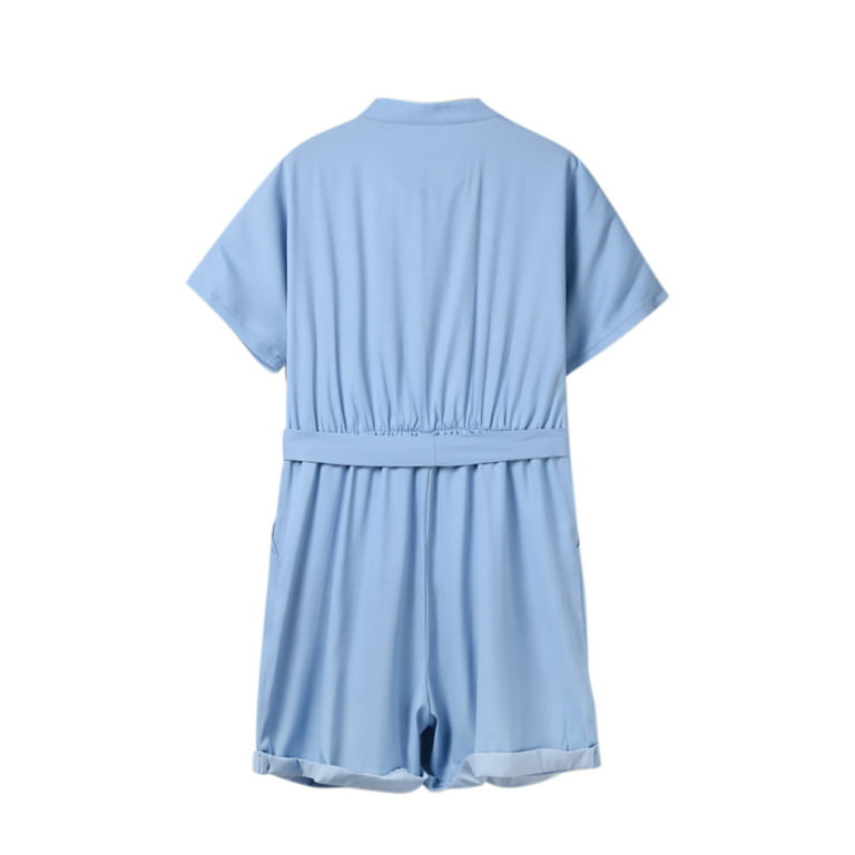 Dadaria Wide Leg Jumpsuits for Women Dressy Women's Button Pocket Solid  Color Lace-up Denim Short Sleeve Jumpsuit Light blue M,Women