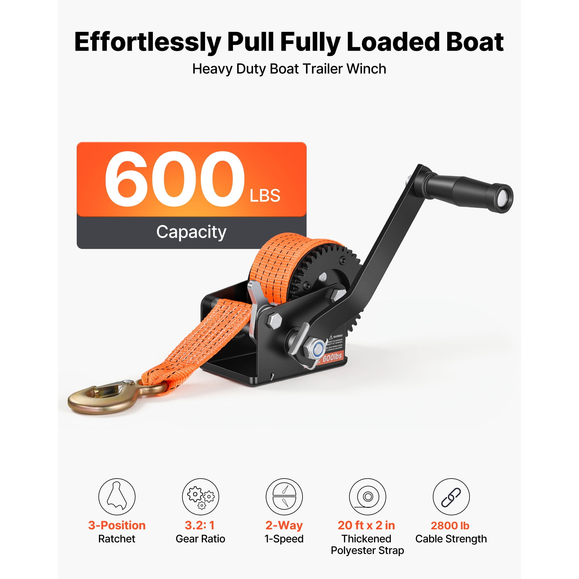 KFFKFF 600 lbs Hand Winch, Durable Manual Rope Crank with 20ft Orange Polyester Strap, Two-Way Ratchet, Anti-Slip Handle for Boat Trailer and ATV Towing