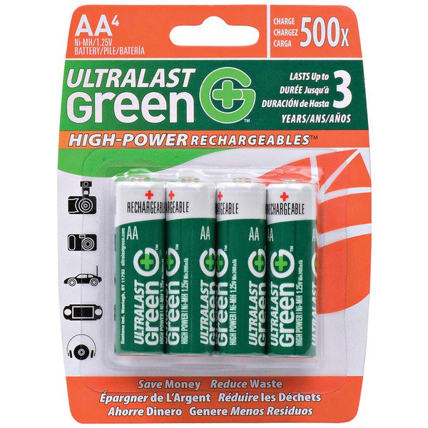 Ultralast ULGHP4AA pilas recargables AA NiMH verdes de alta potencia, paquete de 4