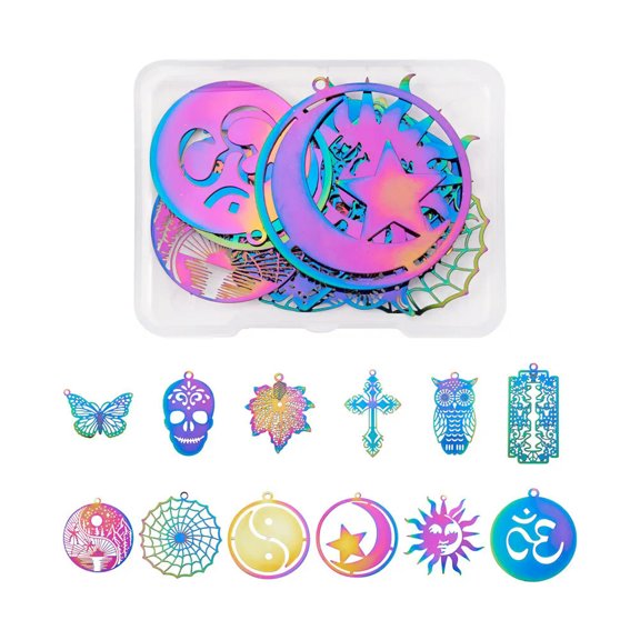 U8MO 24pcs 12 shape 2pcs/shape Rainbow 201 Stainless Steel Pendants Charms 18~45mm