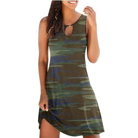 

Ersazi Women Sleeveless Round-Neck Dress Women Casual Loose Summer Floral Printed Tank Dress Hollow Out Beach Sundress Sleeveless Dresses Maternity Dress for Wedding Guest