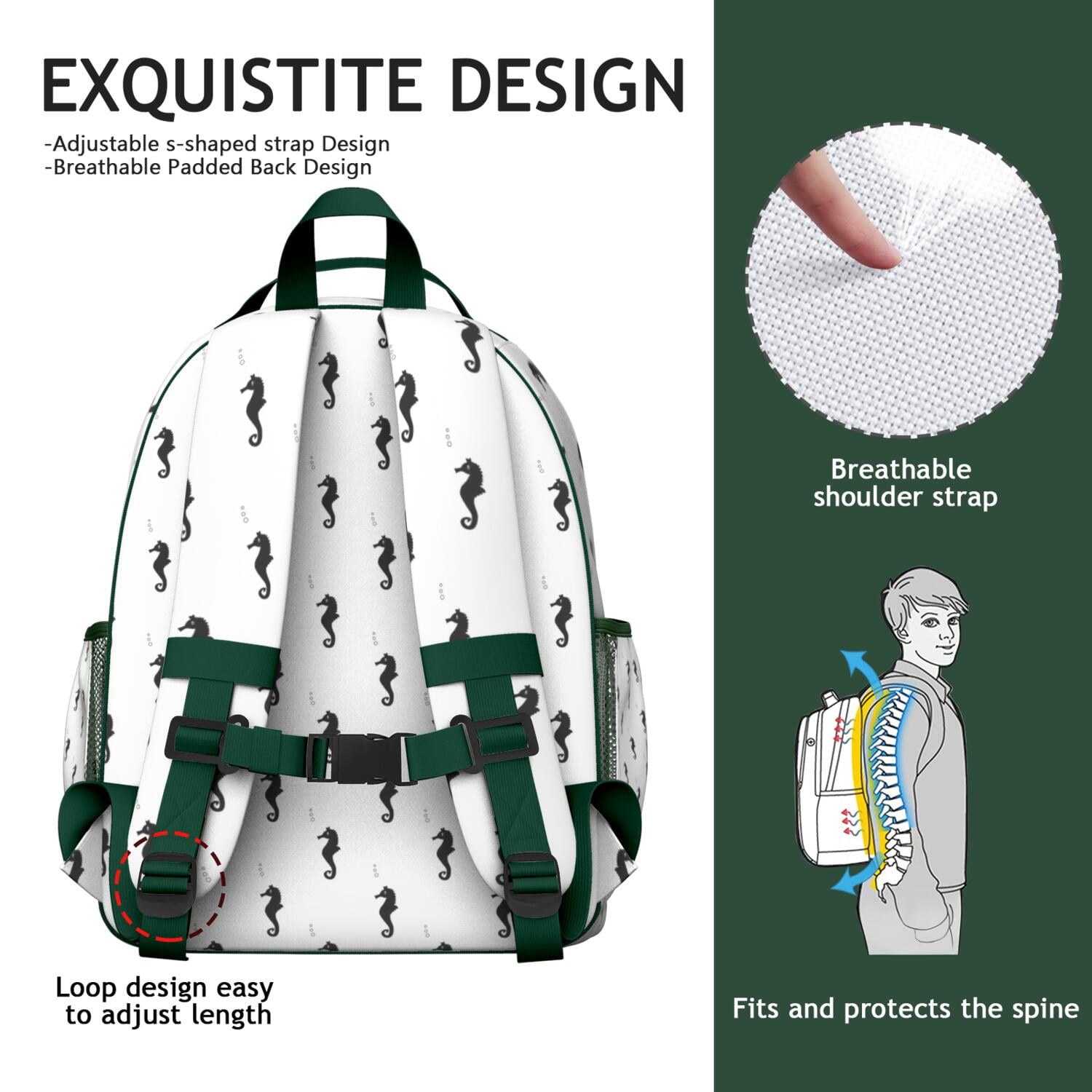 SeaHorse Waterproof School Backpack - Ergonomic Travel Daypack with Nautical Tropical Seahorse Design, Breathable Padded Backpack for Teens, Adjustable Chest Strap & Multiple Pockets for Books, Laptop