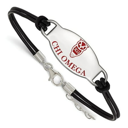 Chi Omega Block - Sterling Silver LogoArt Official Licensed Greek Sororities 7in Chi Omega (??) Enameled Oval Black Leather Bracelet