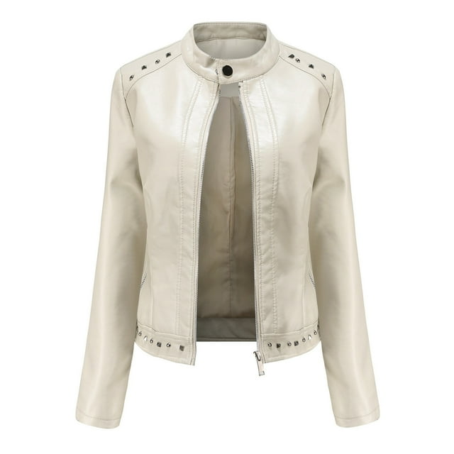 Veste Manteau Moto Coupe Ajustée en Cuir pour Femmes avec Col Montant Fermeture à Glissière et Ceinture