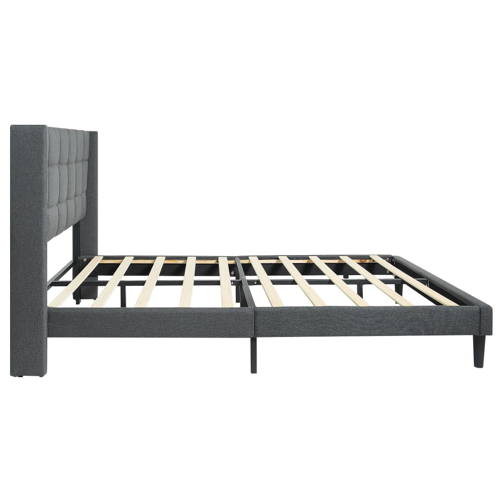 Tcbosik Upholstered Platform Bed Queen Size, Bed Frame with Button Tufted Headboard, Wood Slat Support, No Box Spring Needed (Linen Fabric, Dark Grey)