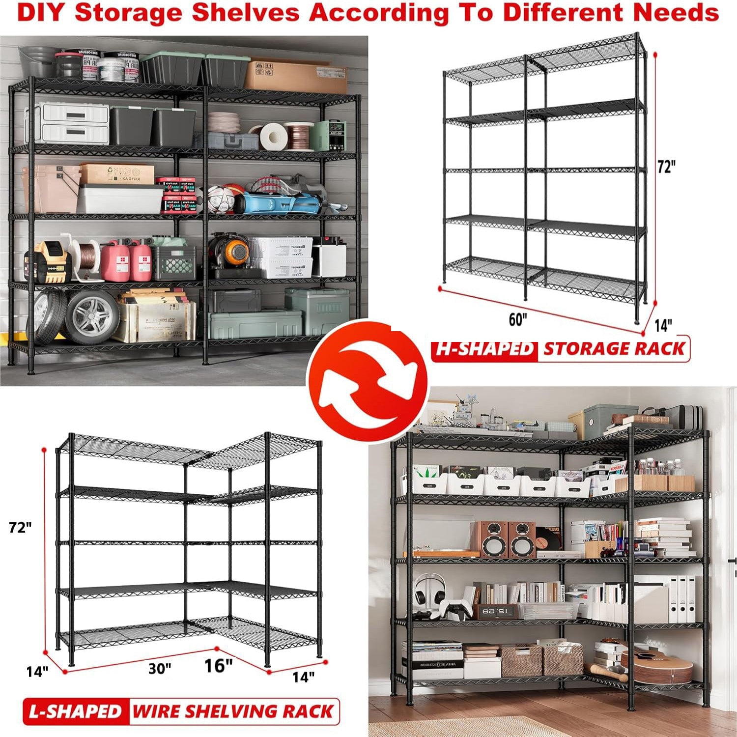 Sailvan 5-Tier Heavy Duty Metal Storage Rack,60"W x 14"D x 72"H Adjustable Wire Shelving Unit,1500 lbs Capacity Garage Pantry Shelves,Black