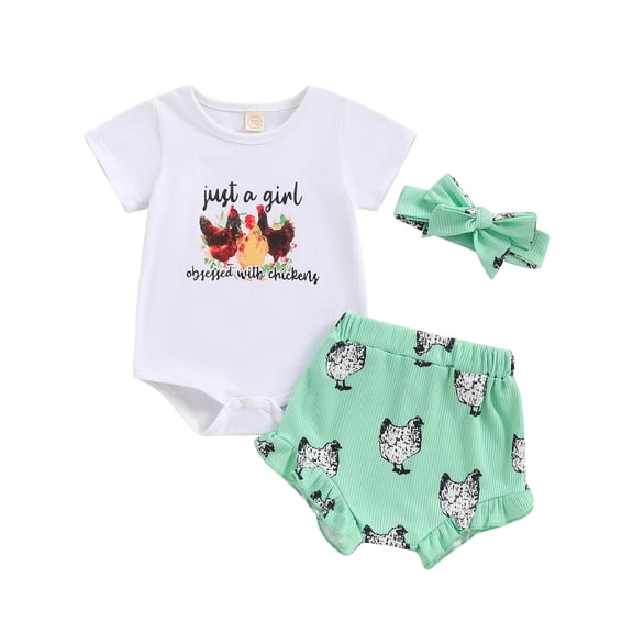 Aojekbee Baby Girls 3Pcs Summer Outfit Short Sleeve Chicken Print Romper   Shorts   Headband Set Farm Clothes