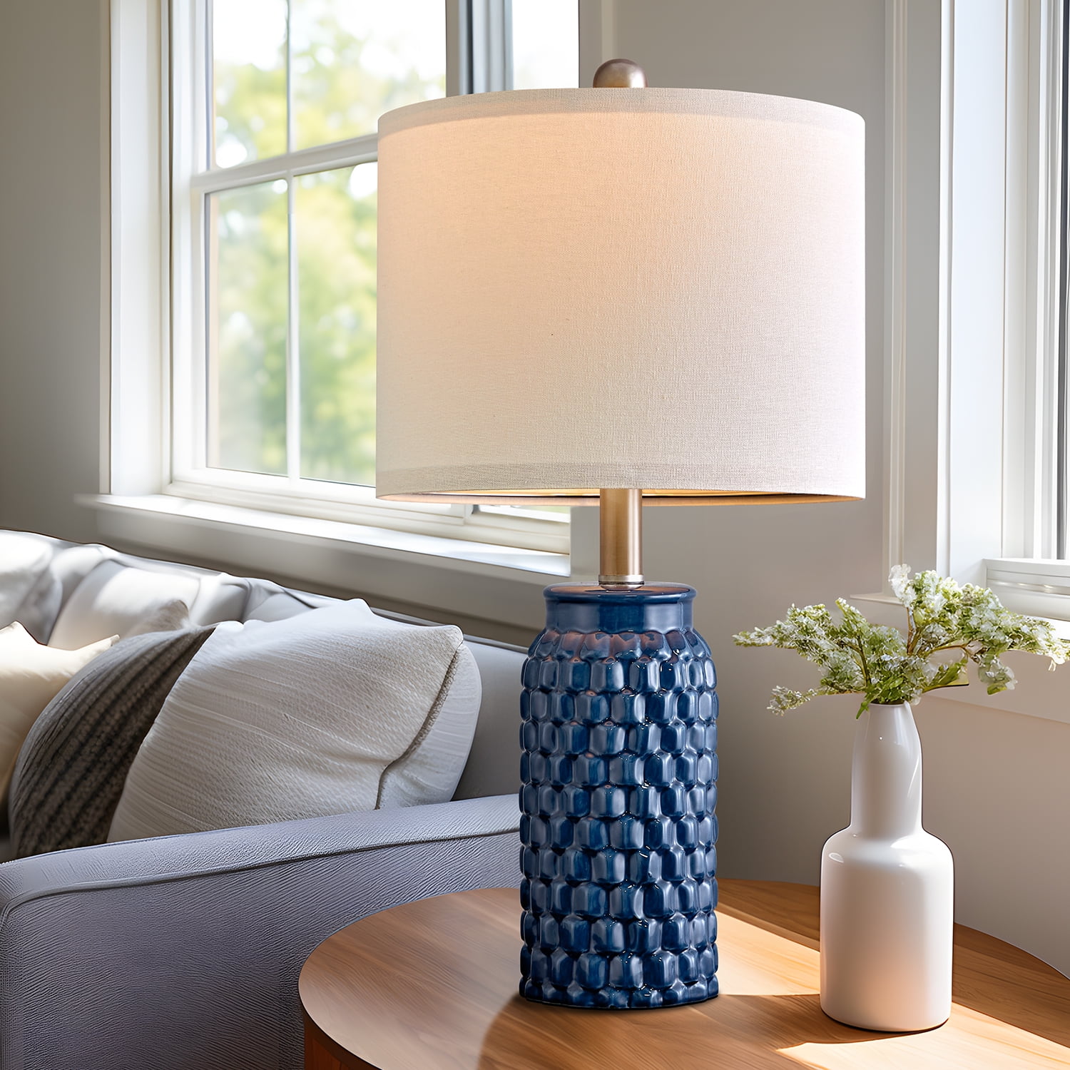 Oneach Modern Table Lamp Set of 2 for Bedroom Living Room 20.5" Contemporary Dark Blue Ceramic Bedside Nightstand Lamps
