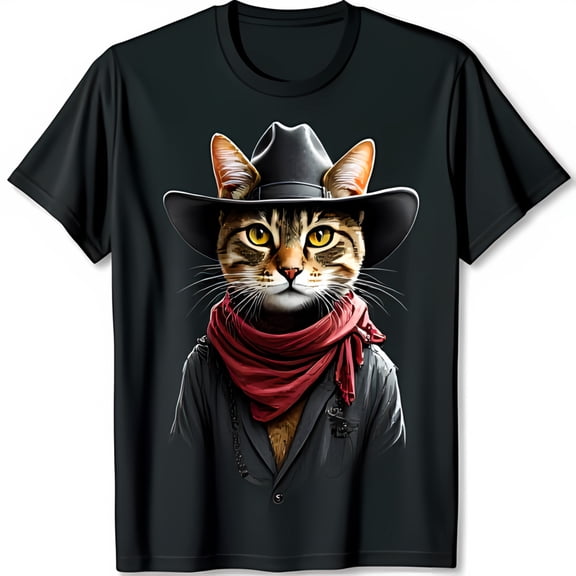 Whimsical Wild West Cat Graphic Black T-Shirt Trendy Cowboy Charm