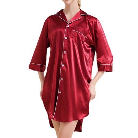 

Homgro Women s Silk Nightgown Satin Brides Night Shirt Soft Button Up Sleep Shirt Dress Sleepwear Short Collared 3/4 Sleeve Pj Bridesmaid Nightshirt Summer Housecoat Red X-Large