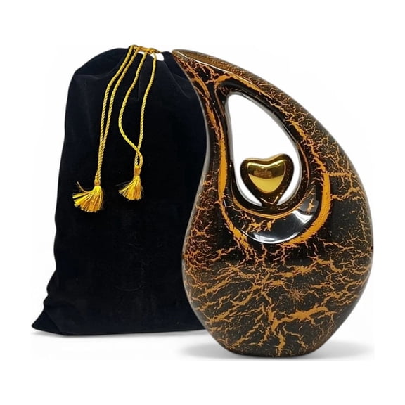 6-Inch Teardrop Cremation Urn for Ashes - Handcrafted Aluminum Keepsake Urns with Velvet Bag, Gold Heart Motif, and Crackle Finish - Decorative Memorial Earns for Loved One or Pet Ashes