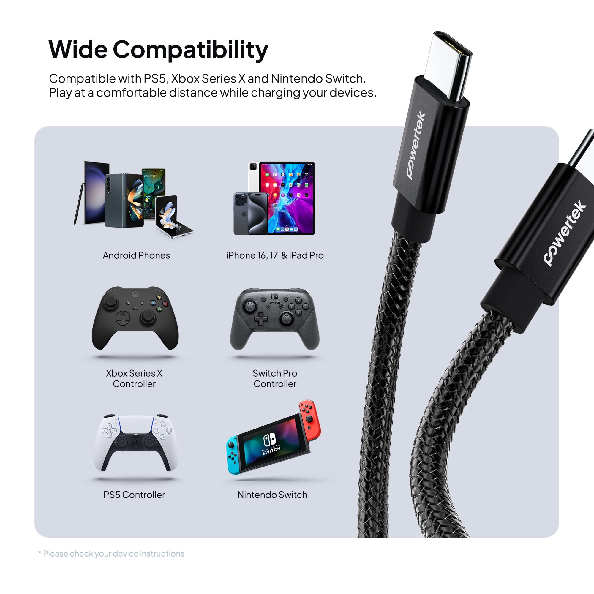 Powertek Luxe 6ft USB-C to USB-C Cable, Black, Fast Charge & Sync, Metallic Mesh PVC Jacket, Durable Tangle-Free Design