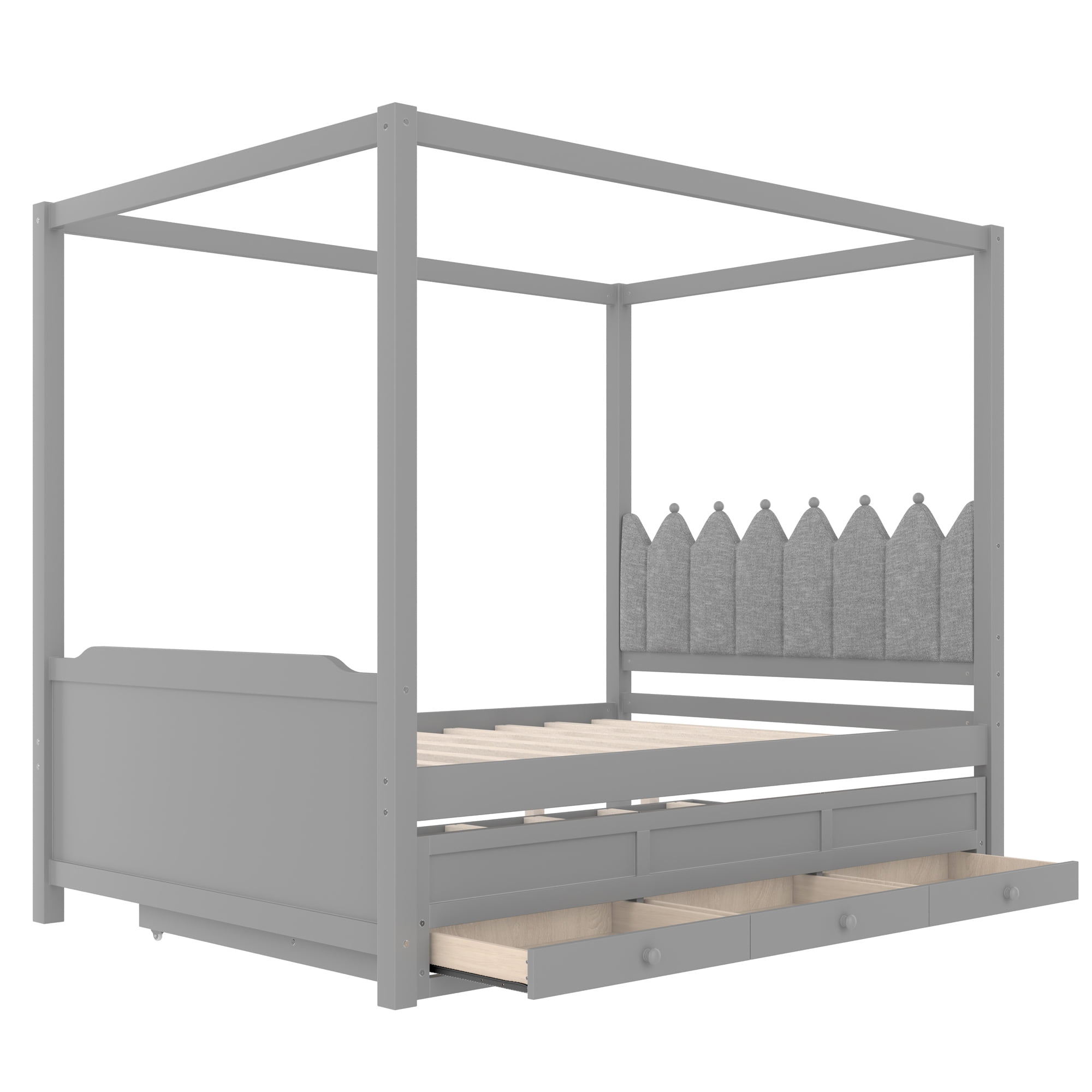 Mintazer Princess Upholstered Headboard Full Size Platform Canopy Bed Frame with Twin Trundle and 3 Storage Drawers for Kids Girls, Gray