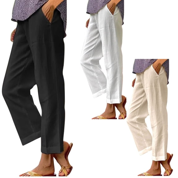 ibuvkizy Womens Casual Cotton Linen Pants Fall Winter Trousers 2025 Drawstring Elastic Wasit Cropped Leg Pants Solid Wide Leg Lounge Pants Black,L
